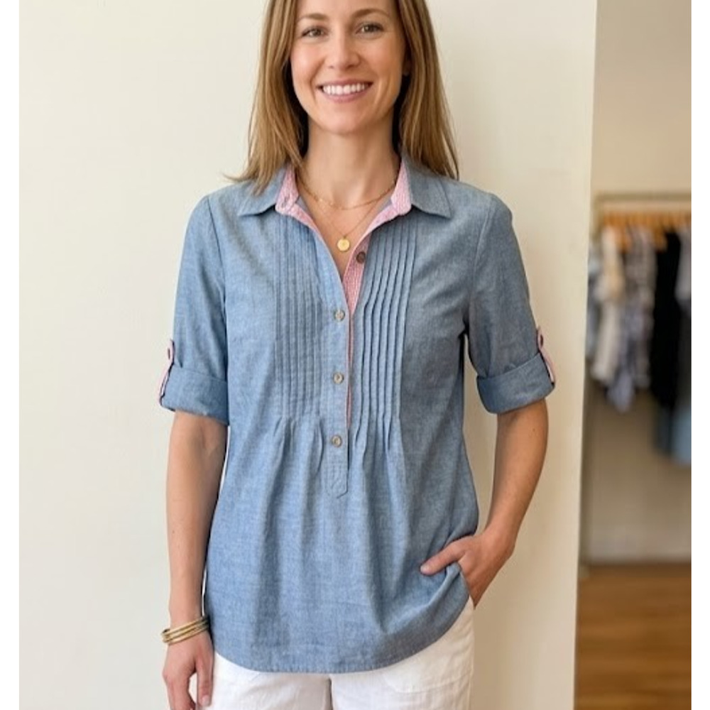 Gap Chambray Shirt Women's Small Blue Pintuck Henley Roll Tab Cotton Top Preppy